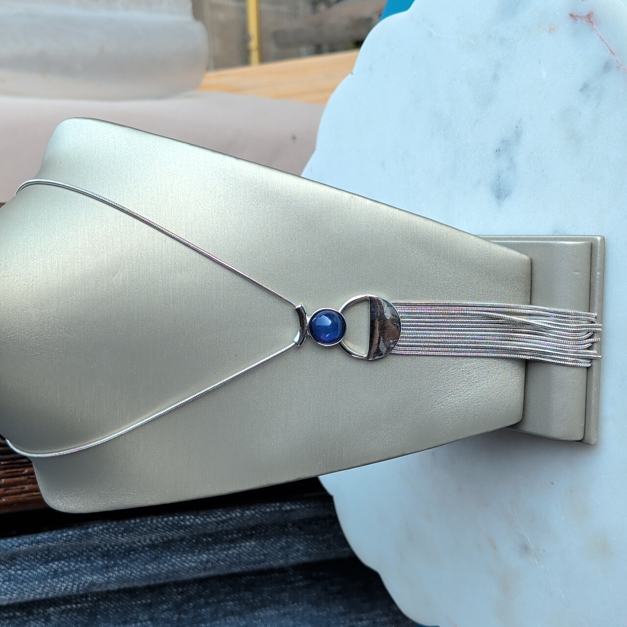 Blue Stone Fringe Pendant Statement Necklace Silver-Tone 30 Long Nwt 24$